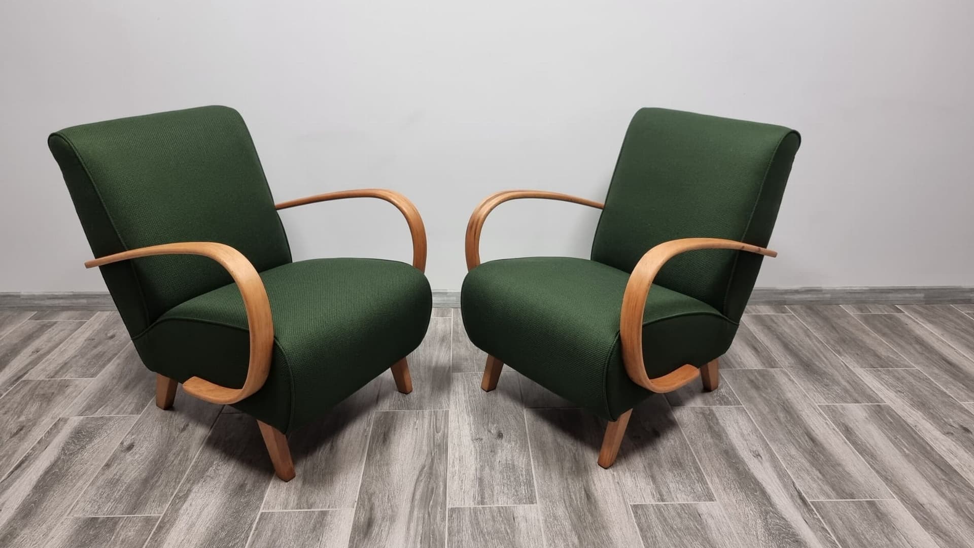 Pair of armchairs H 410, green, wood, by J. Halabala, UP Závody, Czechoslovakia, 1960s. - 48511