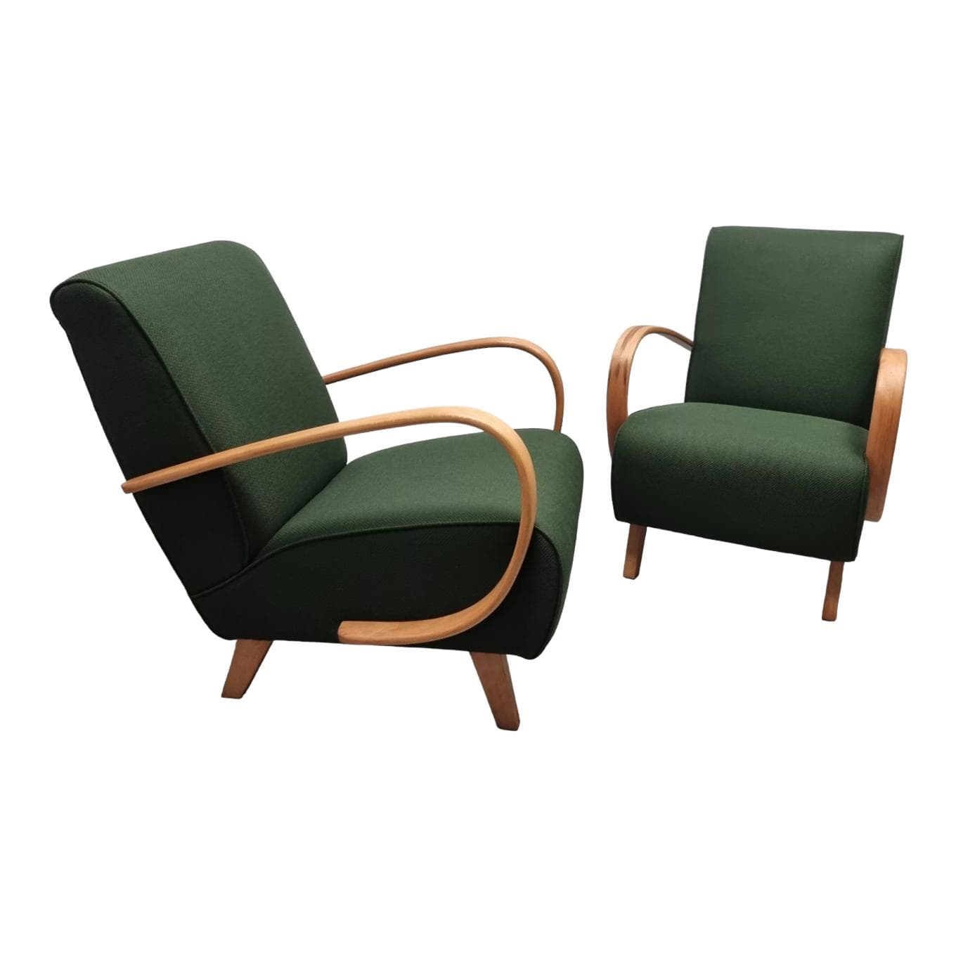 Pair of armchairs H 410, green, wood, by J. Halabala, UP Závody, Czechoslovakia, 1960s.