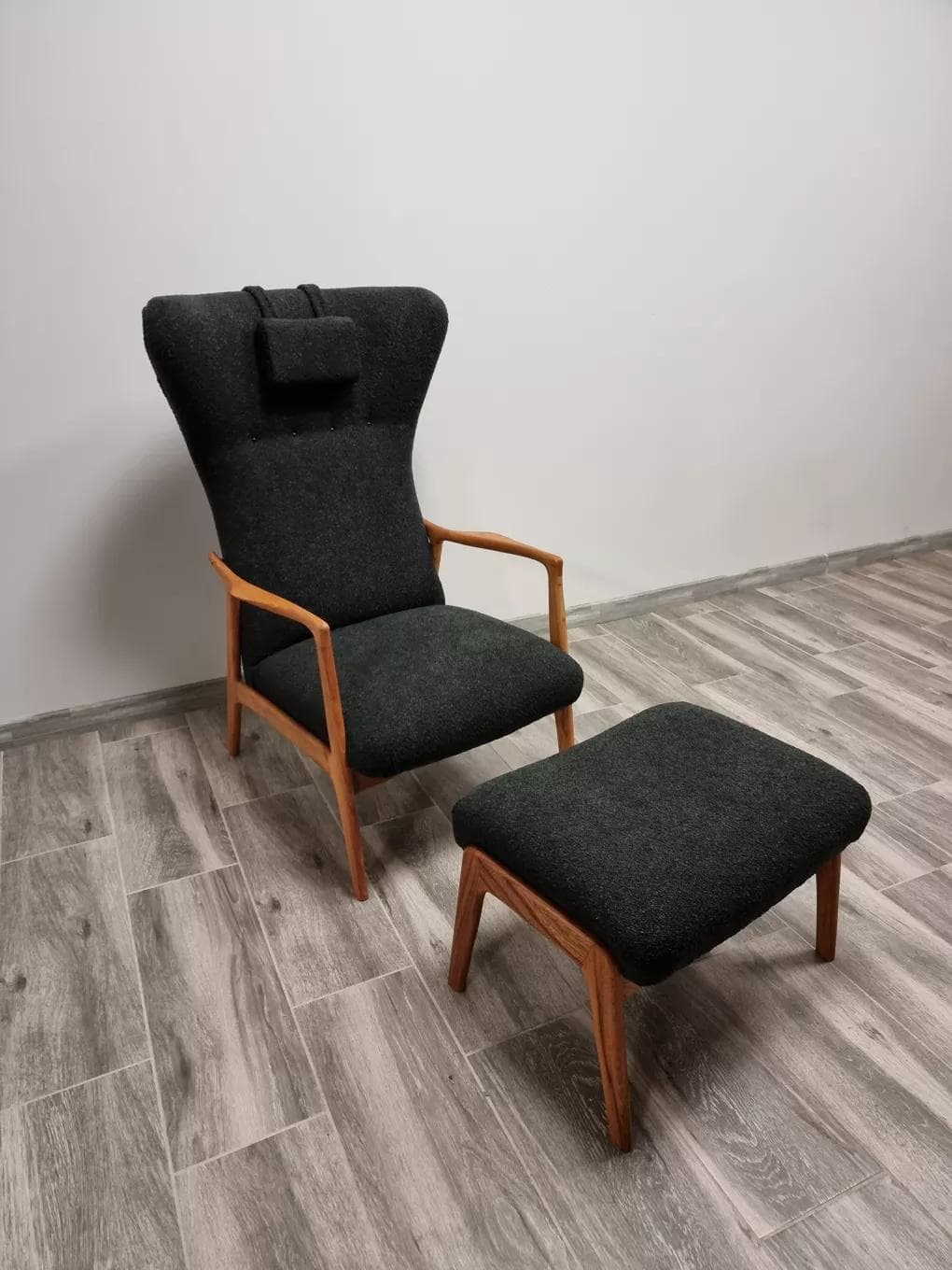 Armchair with ottoman Uluv, black bouclé, beech, Czechoslovakia, 1960s. - 48499