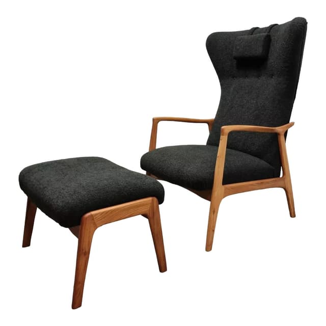 Armchair with ottoman Uluv, black bouclé, beech, Czechoslovakia, 1960s. - DIMENSION