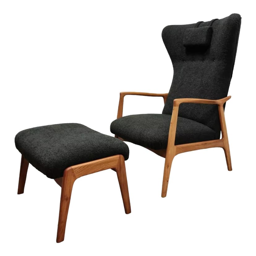 Armchair with ottoman Uluv, black bouclé, beech, Czechoslovakia, 1960s.