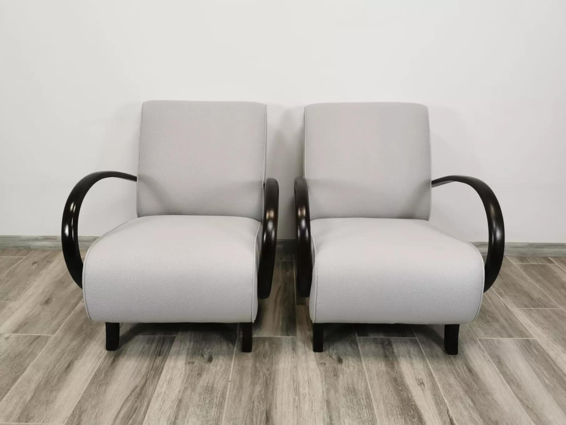 Pair of armchairs H 410, light grey, wood, by J. Halabala, UP Závody, Czechoslovakia, 1960s. - 48495
