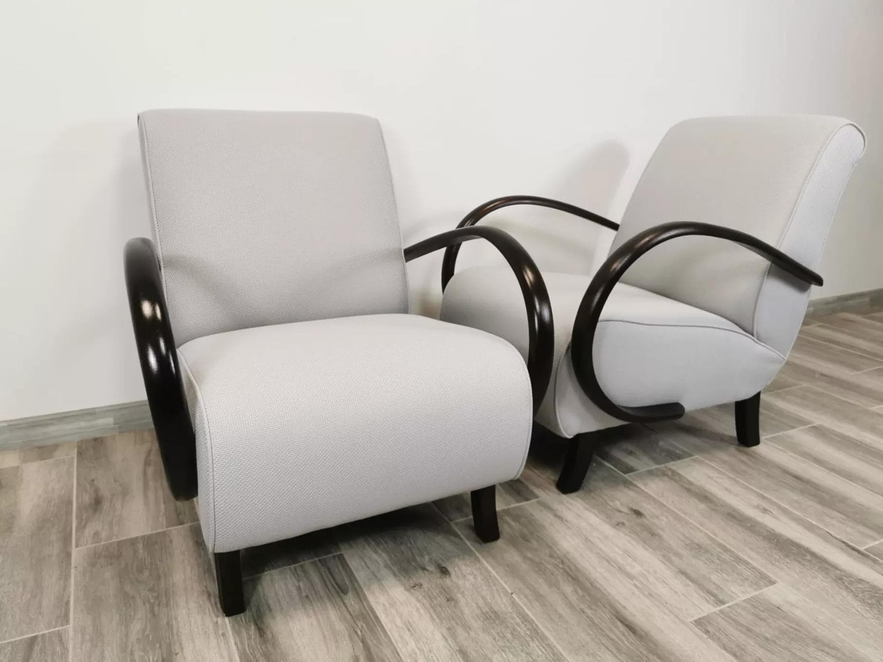 Pair of armchairs H 410, light grey, wood, by J. Halabala, UP Závody, Czechoslovakia, 1960s. - 48494