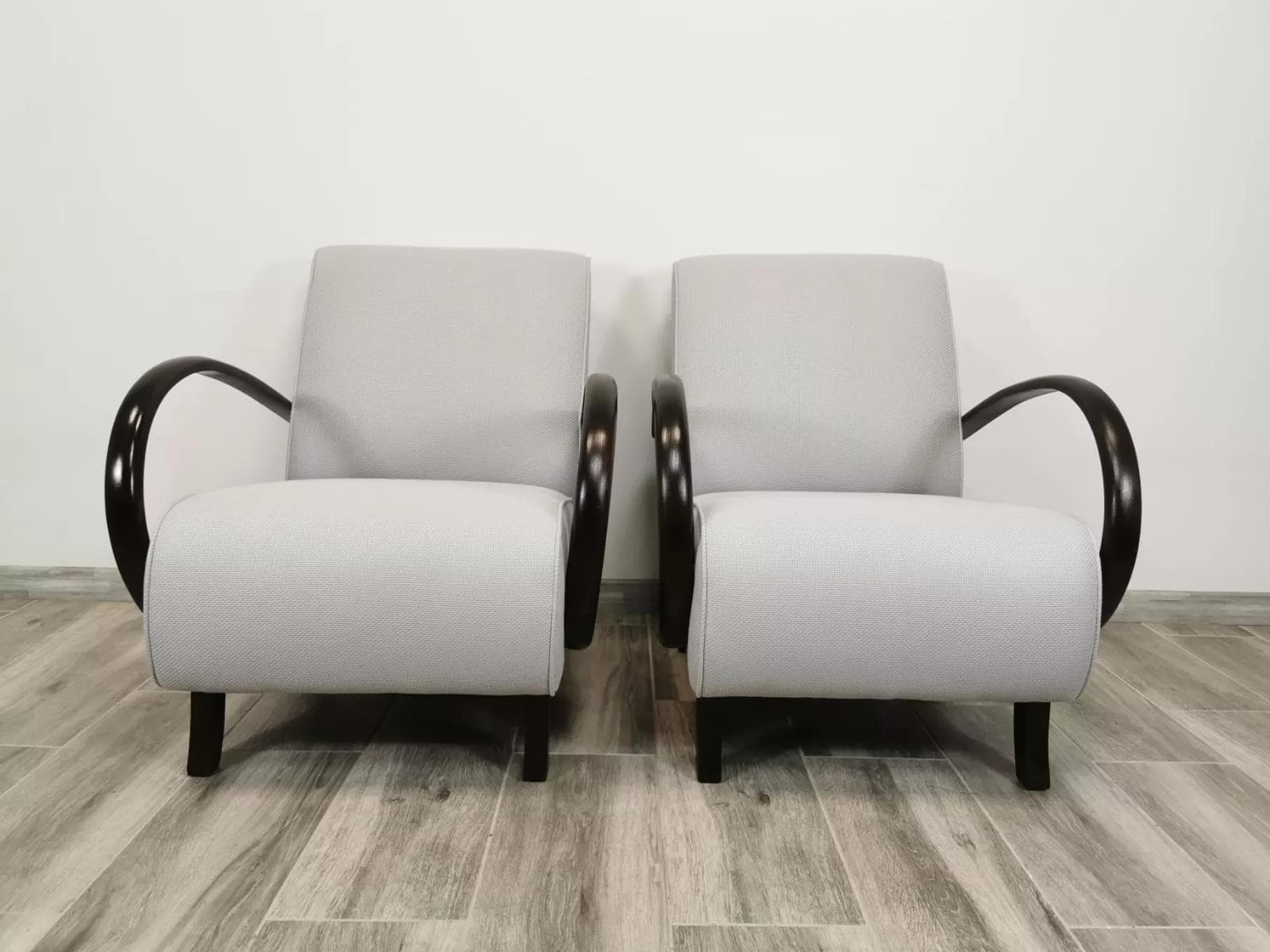 Pair of armchairs H 410, light grey, wood, by J. Halabala, UP Závody, Czechoslovakia, 1960s. - 48496