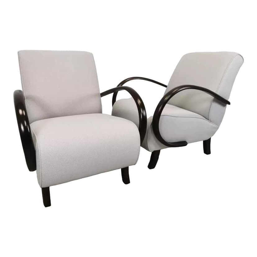 Pair of armchairs H 410, light grey, wood, by J. Halabala, UP Závody, Czechoslovakia, 1960s.