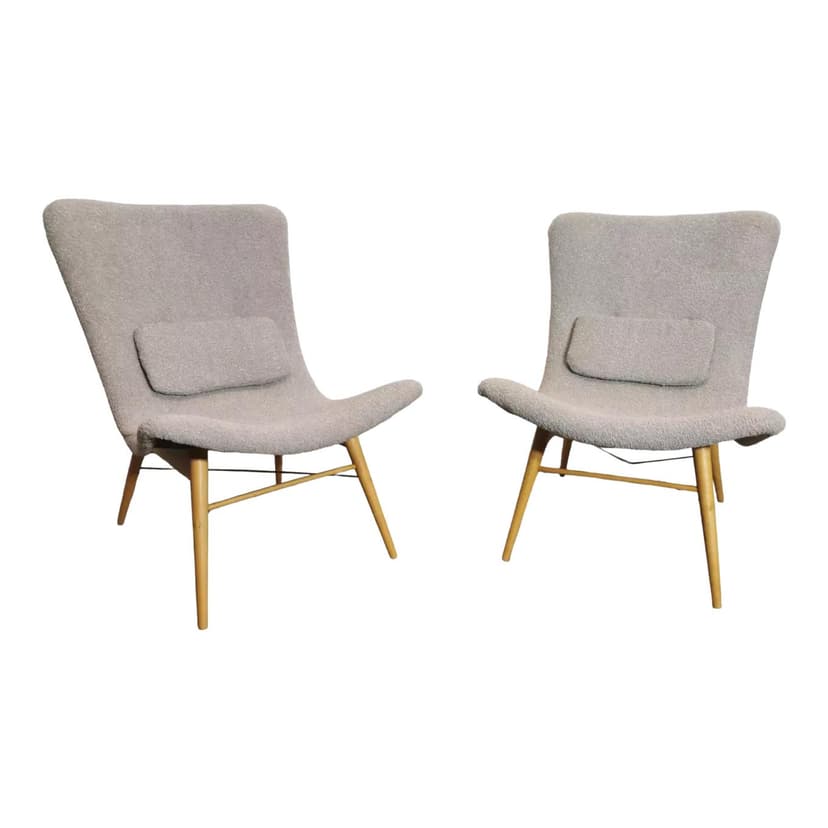Pair of armchairs, beige bouclé, beech wood, by M. Navratil, Czechoslovakia, 1960s.