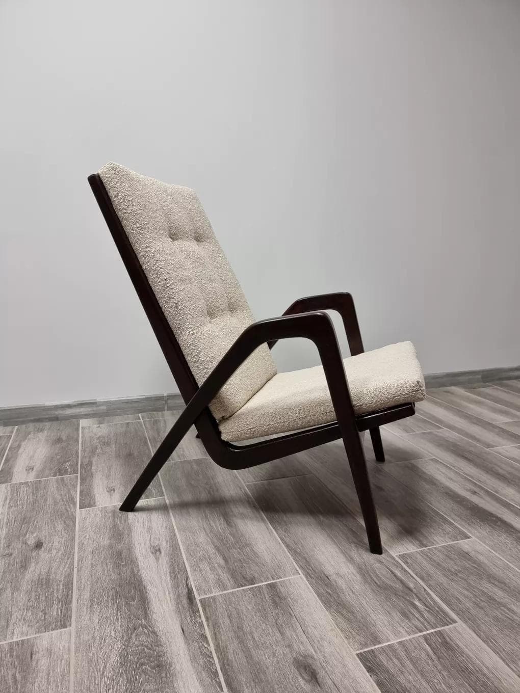 Armchair, dark brown beech, light bouclé, by J. Vanek, UP Závody, Czechoslovakia, 1930s. - 48486