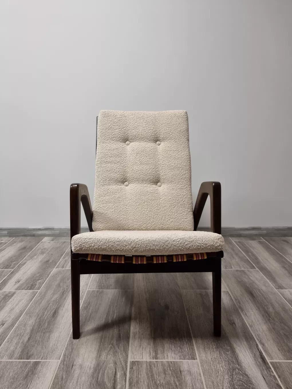 Armchair, dark brown beech, light bouclé, by J. Vanek, UP Závody, Czechoslovakia, 1930s. - 48487