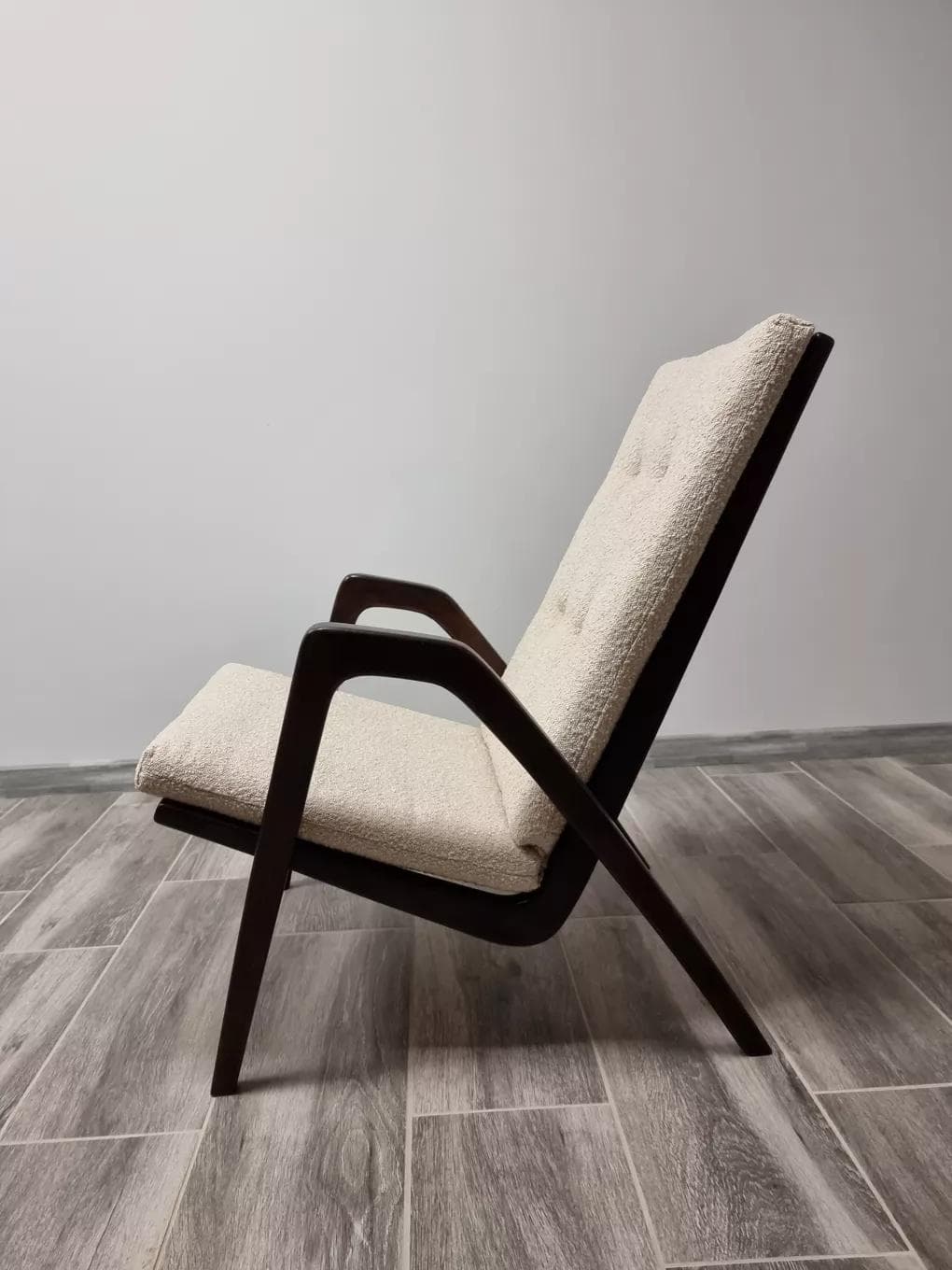 Armchair, dark brown beech, light bouclé, by J. Vanek, UP Závody, Czechoslovakia, 1930s. - 48488