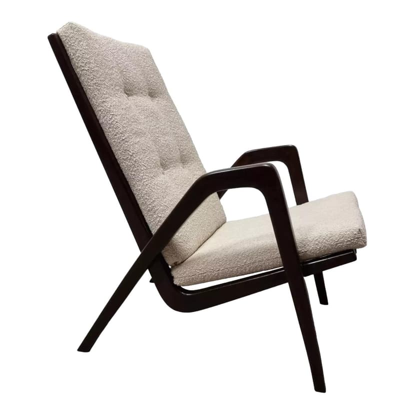 Armchair, dark brown beech, light bouclé, by J. Vanek, UP Závody, Czechoslovakia, 1930s.