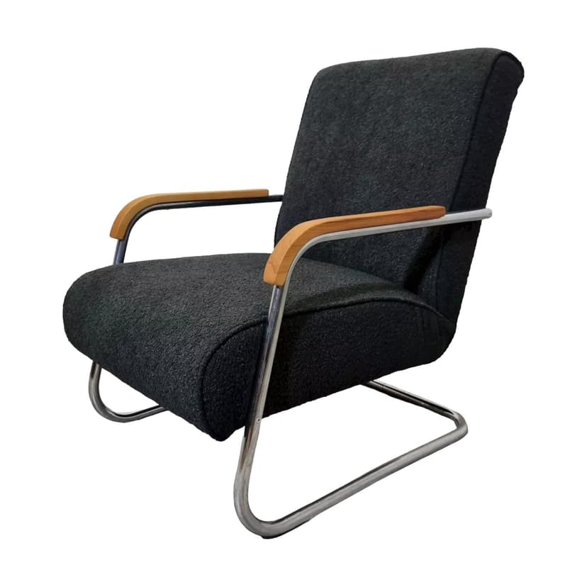 Armchair, graphite wool, oak, chrome steel, by R. Slezak, Thonet, Czechoslovakia, 1930s.