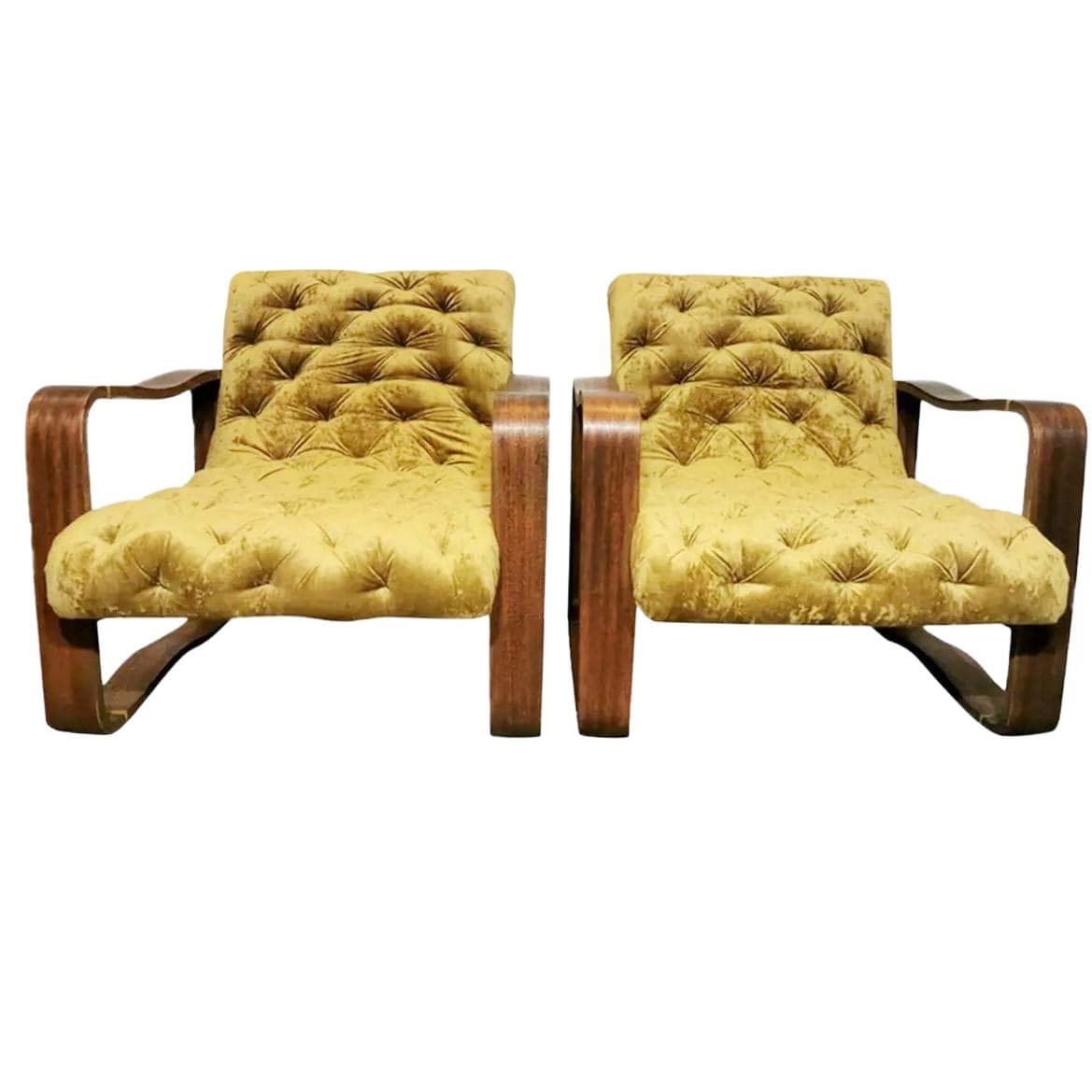 Para foteli Art déco, złoty, welur, orzech, proj. L. Volak, Czechy, lata 60.
