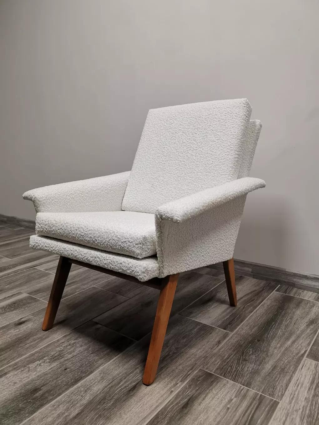 Armchair, ivory white bouclé, beech wood, by M. Navratil, Czechoslovakia, 1960s. - 48470