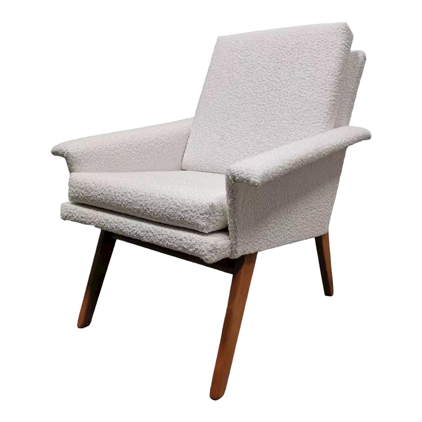 Armchair, ivory white bouclé, beech wood, by M. Navratil, Czechoslovakia, 1960s.