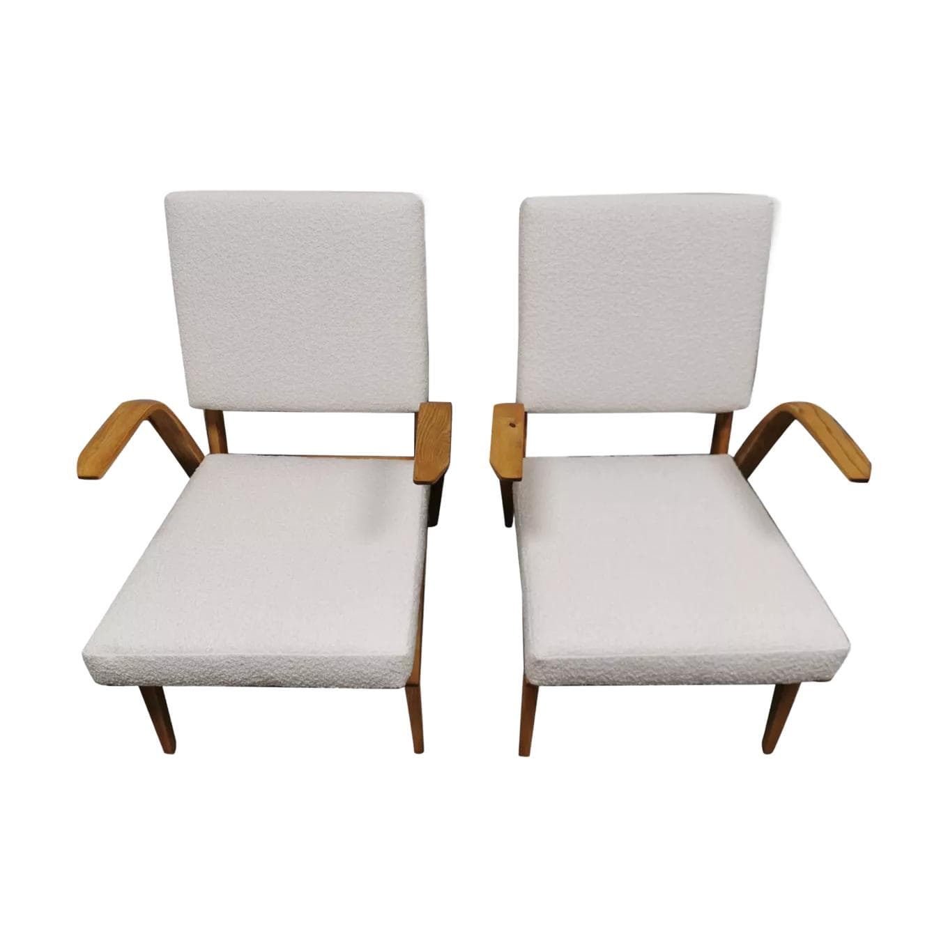 Pair of armchairs, ivory white bouclé, light beech, Czechoslovakia, 1950s.
