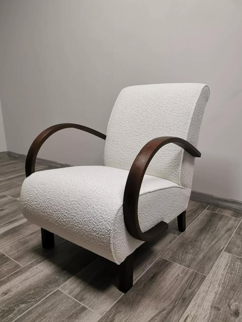 Armchair H 410, ivory white bouclé, dark wood, by J. Halabala, UP Závody, Czechoslovakia, 1950s. - 48462