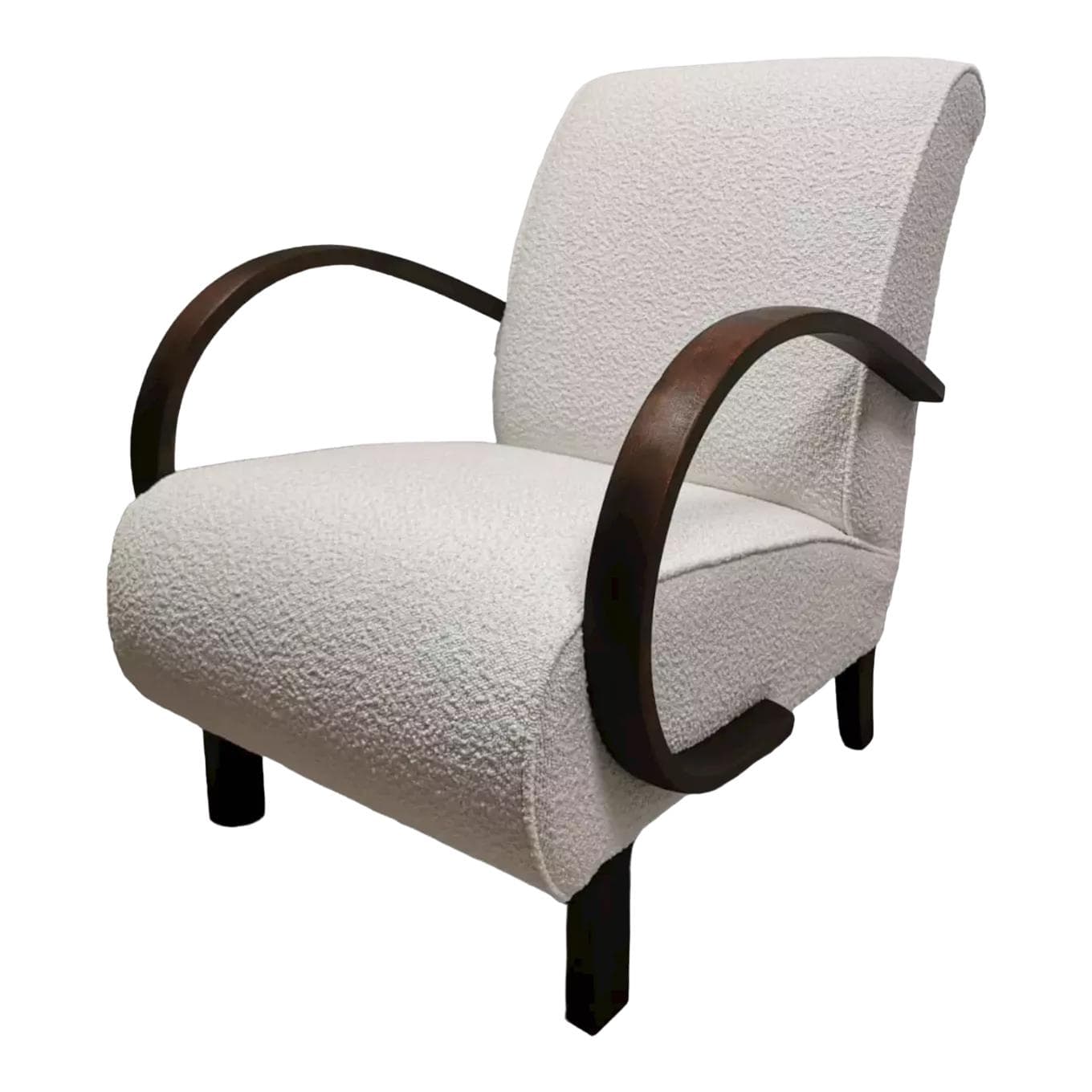 Armchair H 410, ivory white bouclé, dark wood, by J. Halabala, UP Závody, Czechoslovakia, 1950s.