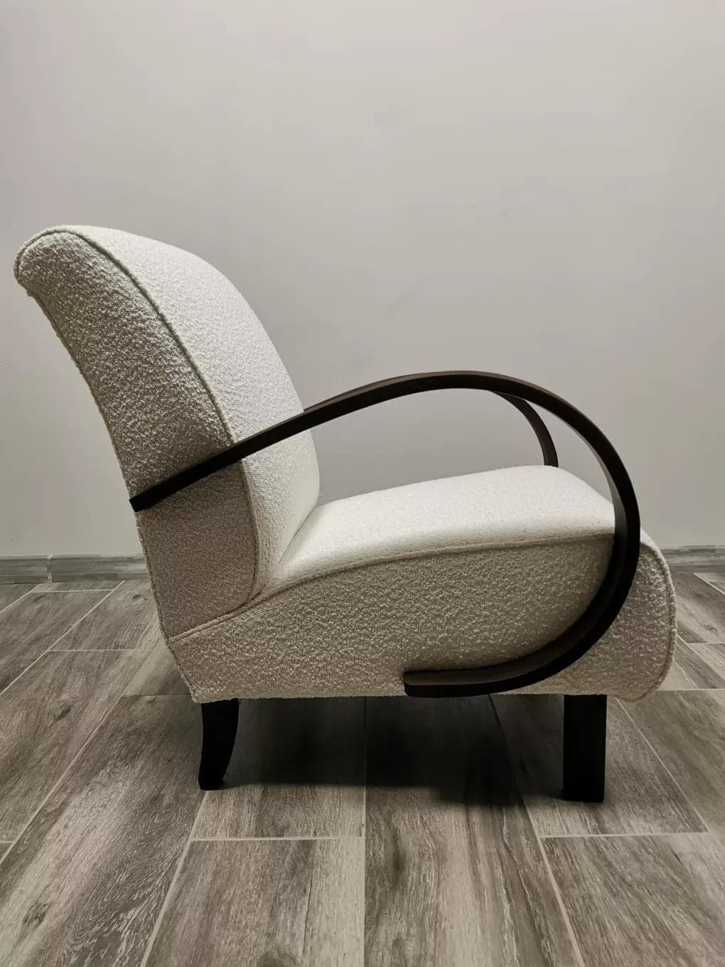 Armchair H 410, ivory white bouclé, dark wood, by J. Halabala, UP Závody, Czechoslovakia, 1950s. - 48463