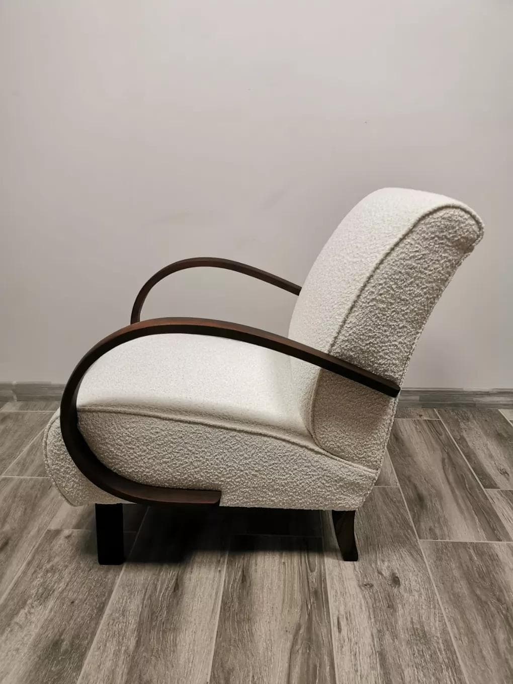 Armchair H 410, ivory white bouclé, dark wood, by J. Halabala, UP Závody, Czechoslovakia, 1950s. - 48464