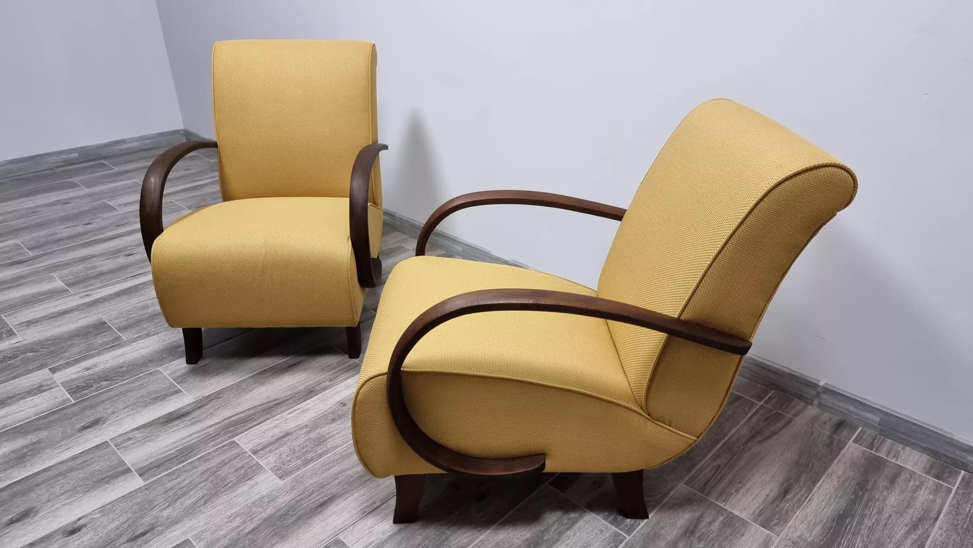 Pair of armchairs H 410, yellow, walnut, by J. Halabala, UP Závody, Czechoslovakia, 1960s. - 48456