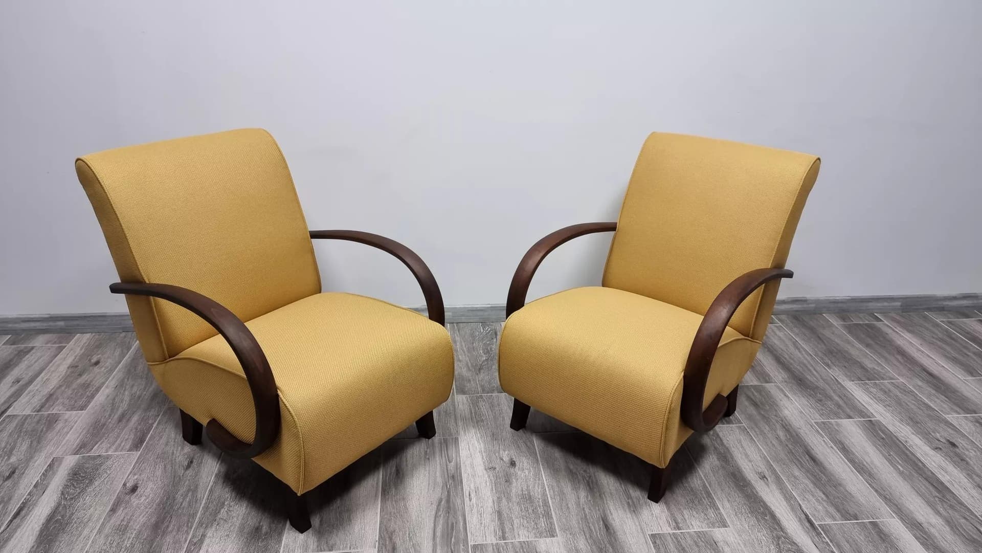 Pair of armchairs H 410, yellow, walnut, by J. Halabala, UP Závody, Czechoslovakia, 1960s. - 48454