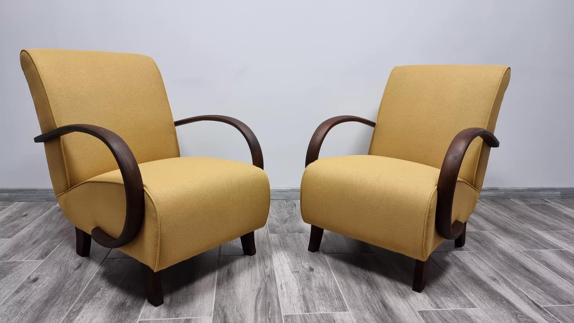Pair of armchairs H 410, yellow, walnut, by J. Halabala, UP Závody, Czechoslovakia, 1960s. - 48455