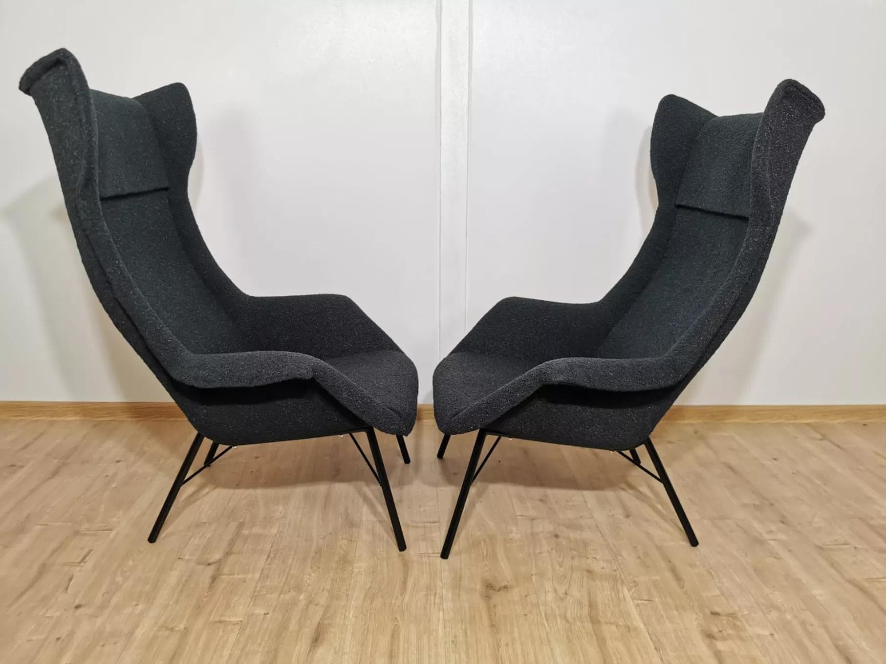Pair of armchairs uszak, grey wool, black steel, by M. Navratil, Czechoslovakia, 1950s. - 48451