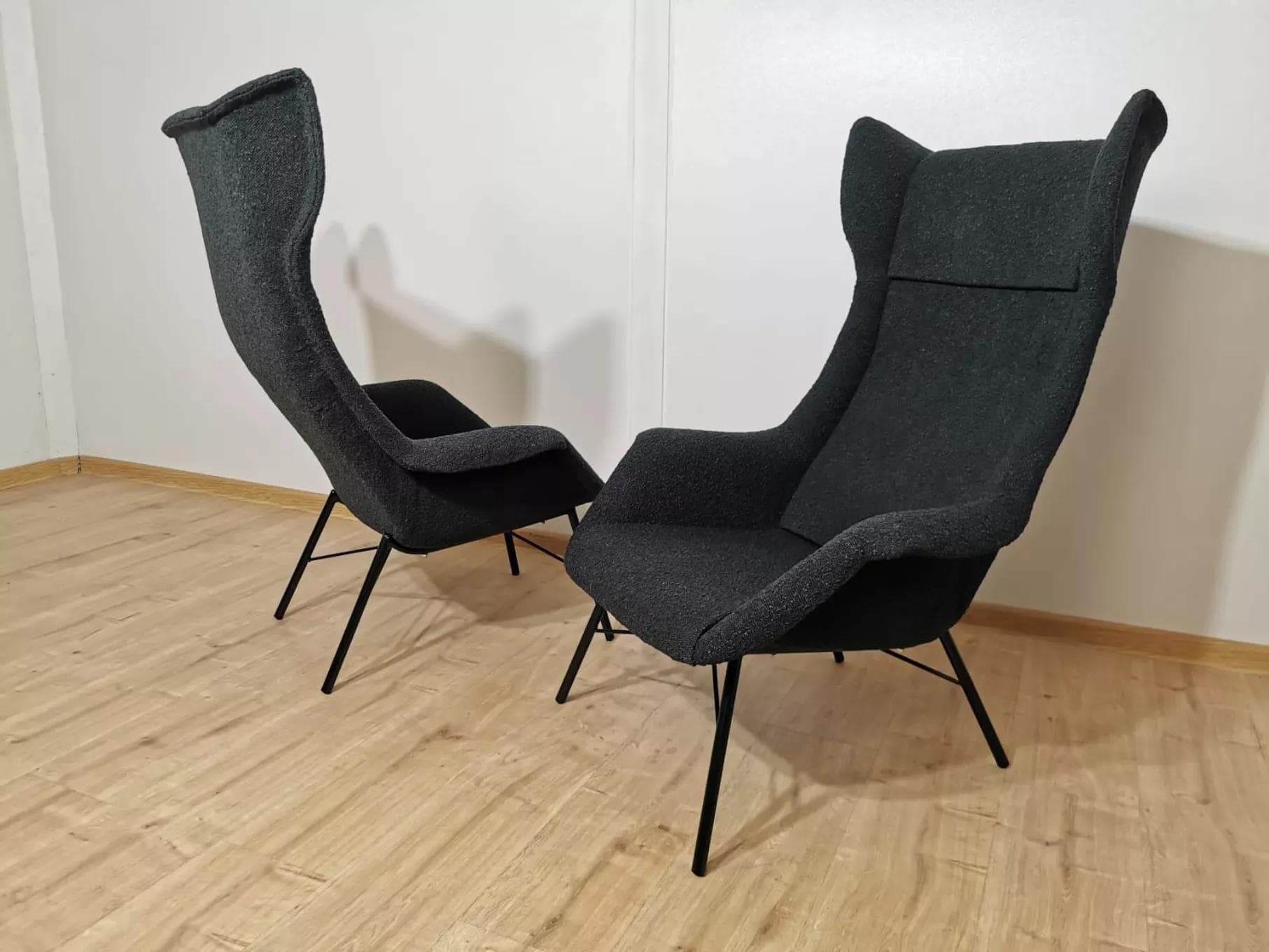 Pair of armchairs uszak, grey wool, black steel, by M. Navratil, Czechoslovakia, 1950s. - 48450