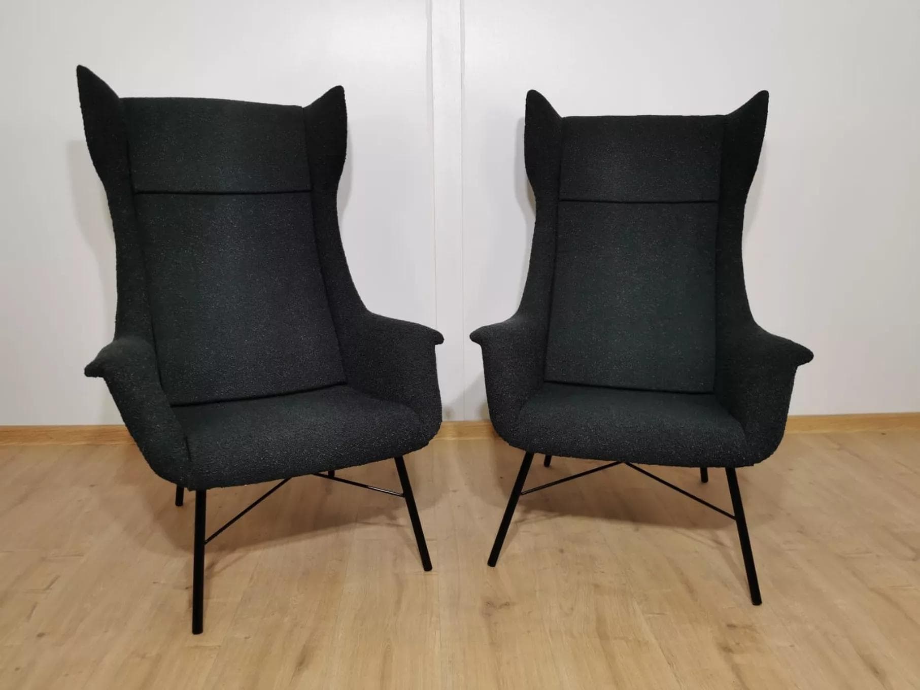 Pair of armchairs uszak, grey wool, black steel, by M. Navratil, Czechoslovakia, 1950s. - 48452