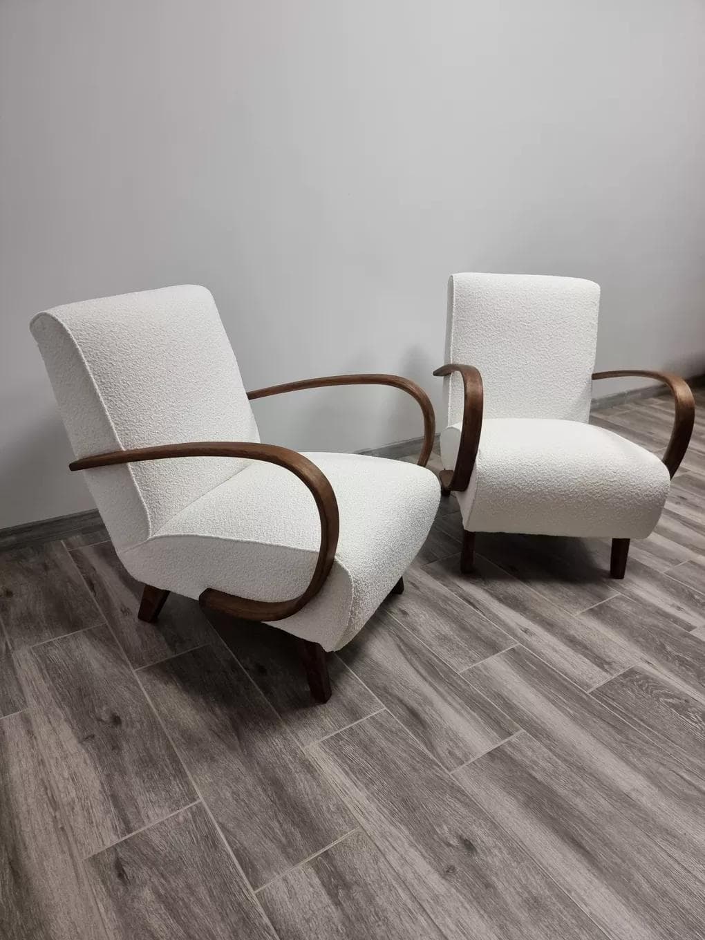 Pair of armchairs H 410, ivory bouclé, walnut wood, by J. Halabala, UP Závody, Czechoslovakia, 1960s. - 48447