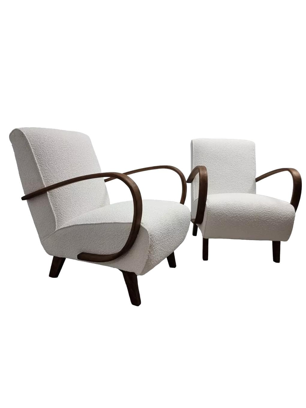 Pair of armchairs H 410, ivory bouclé, walnut wood, by J. Halabala, UP Závody, Czechoslovakia, 1960s.