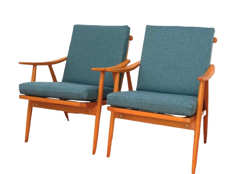 Pair of armchairs, turquoise, wood, TON, Czechoslovakia, 1960s.