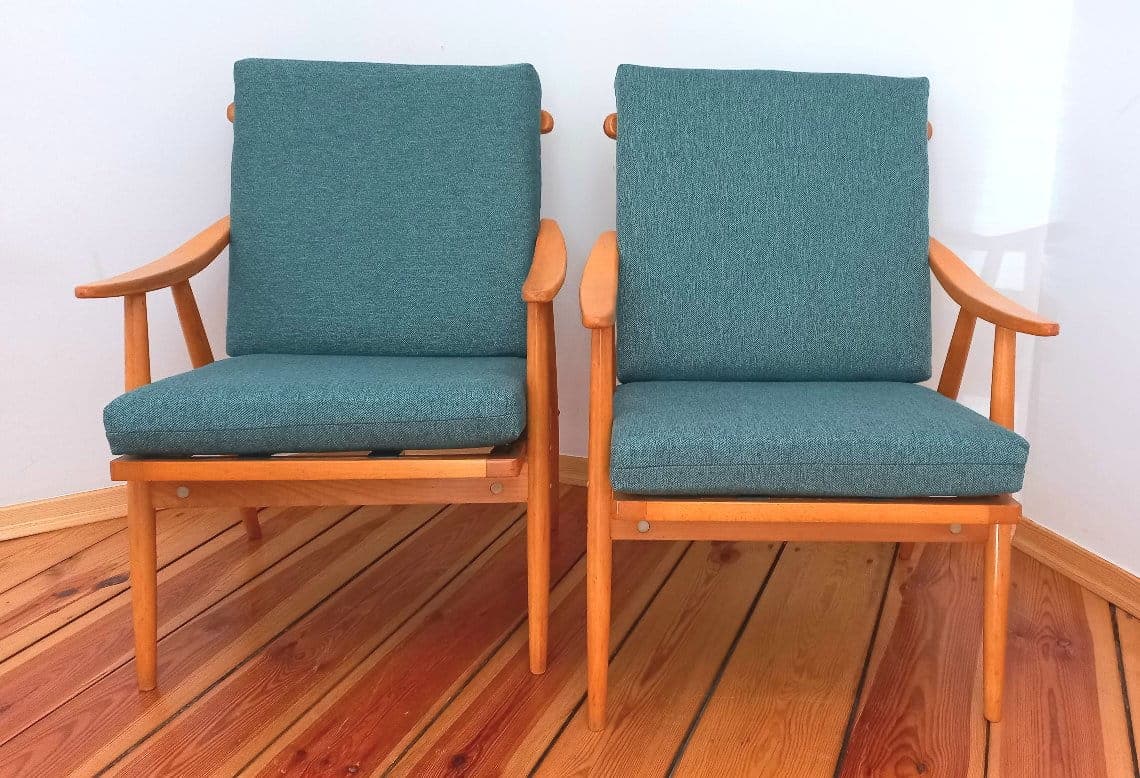 Pair of armchairs, turquoise, wood, TON, Czechoslovakia, 1960s. - 48431