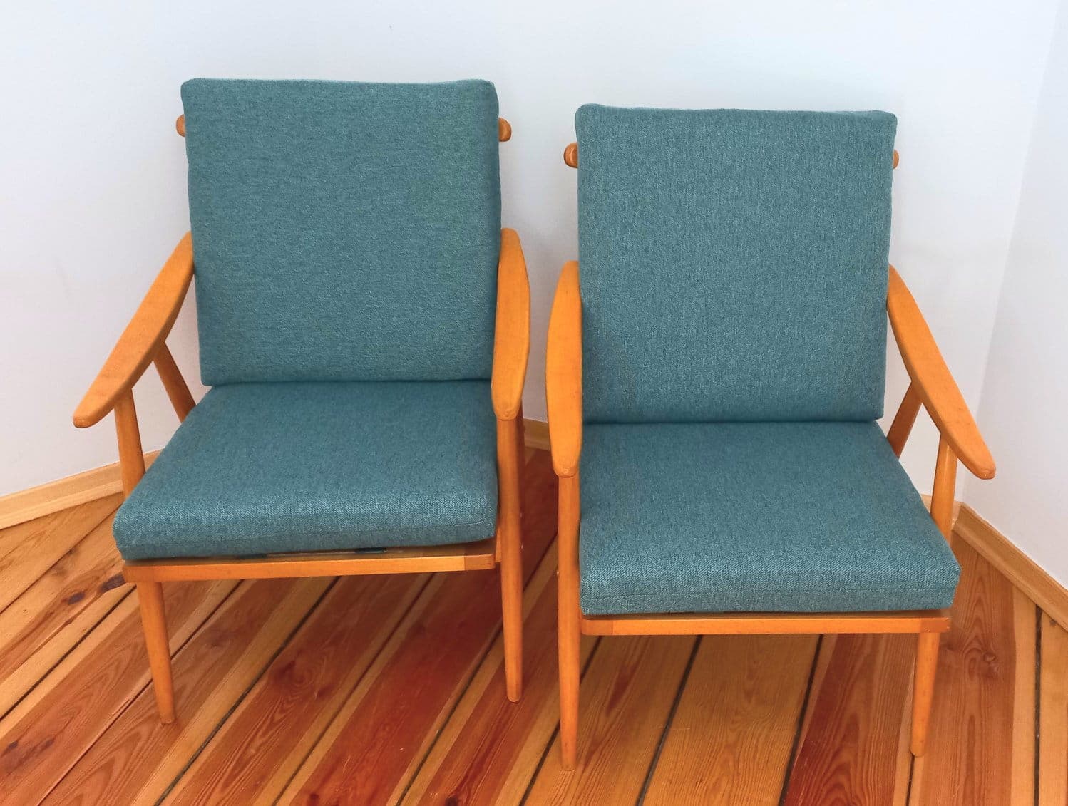 Pair of armchairs, turquoise, wood, TON, Czechoslovakia, 1960s. - 48432