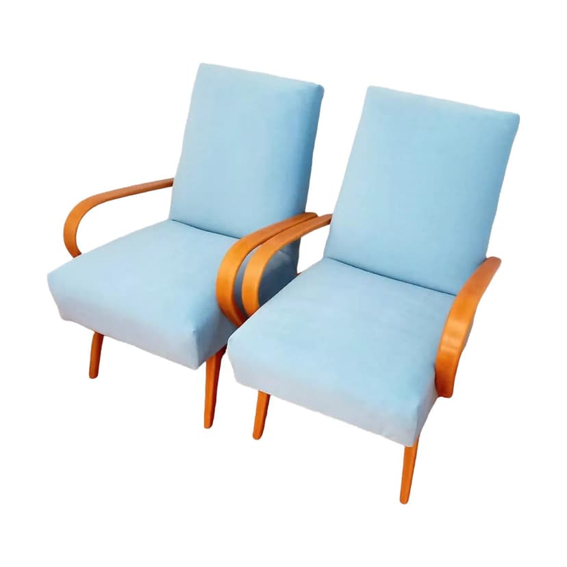 Pair of armchairs Type 53, blue, beech, by J. Šmídek, TON, Czechoslovakia, 1960s.