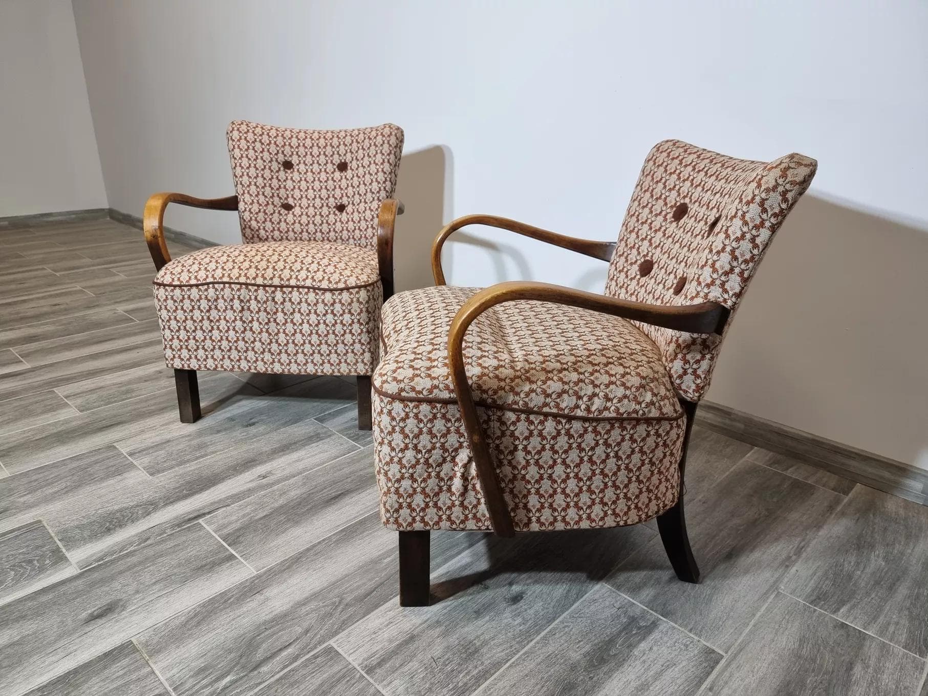 Pair of cocktail armchairs H 237, light brown walnut, by J. Halabala, UP Závody, Czechoslovakia, 1950s. - 48424