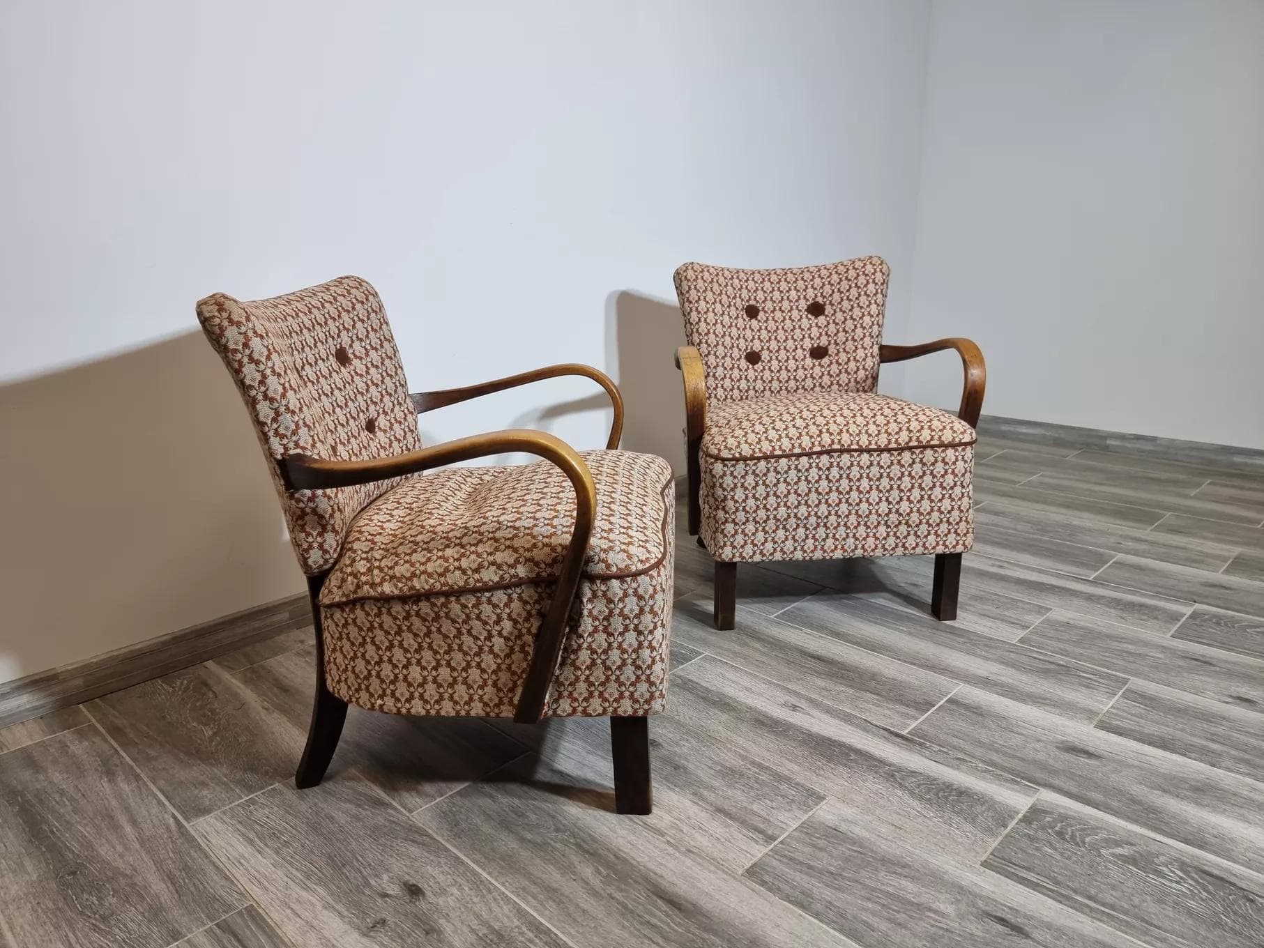 Pair of cocktail armchairs H 237, light brown walnut, by J. Halabala, UP Závody, Czechoslovakia, 1950s. - 48423