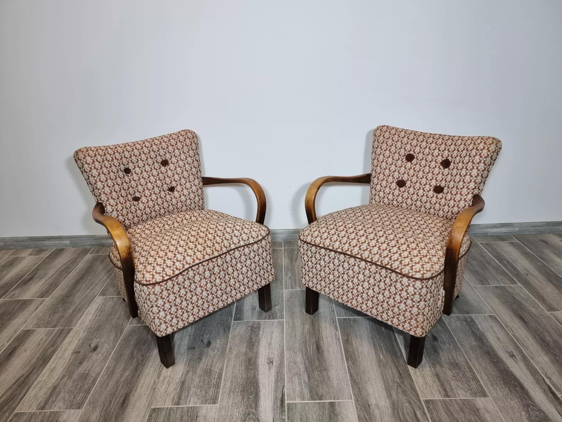 Pair of cocktail armchairs H 237, light brown walnut, by J. Halabala, UP Závody, Czechoslovakia, 1950s. - 48422