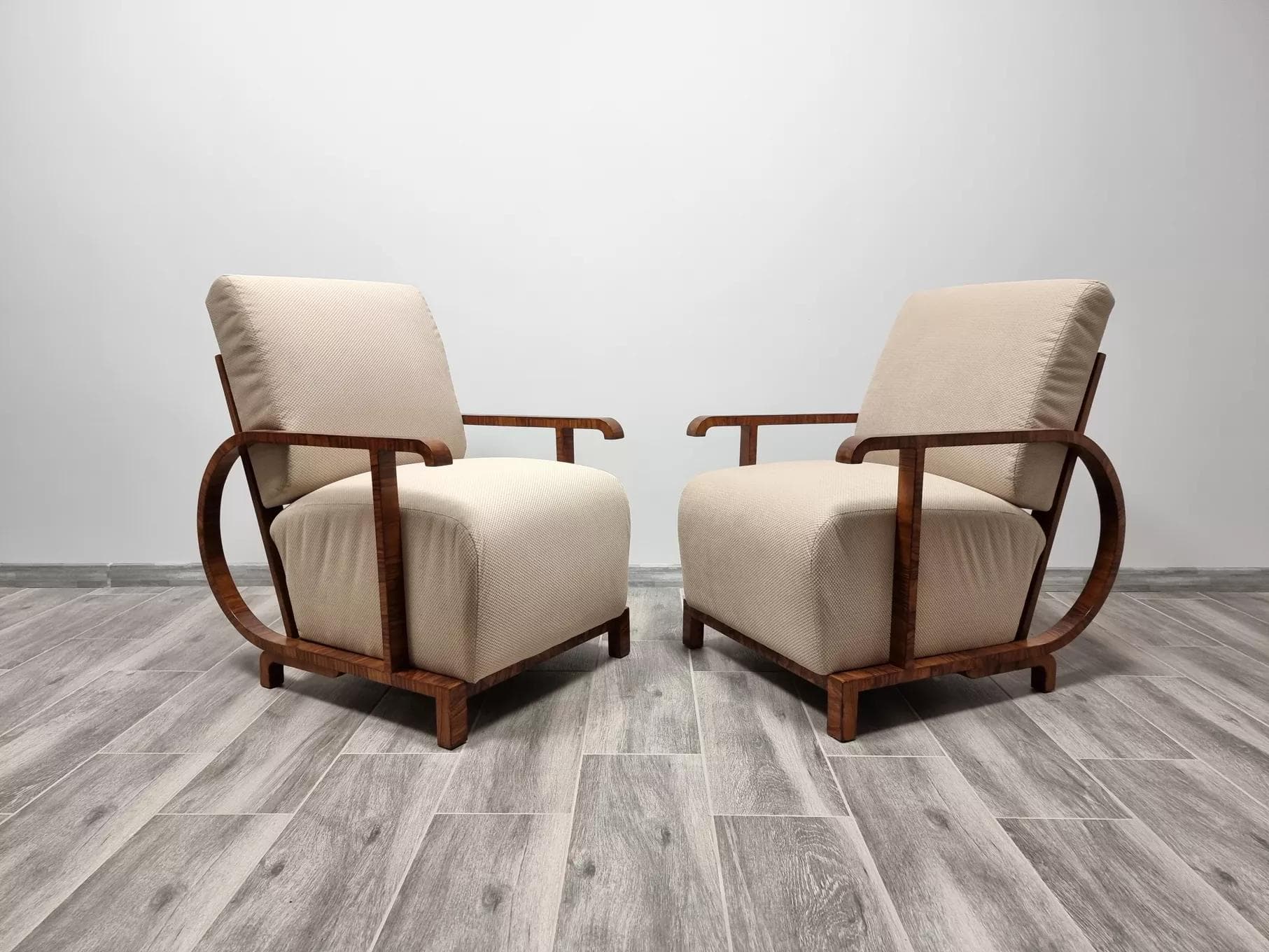 Pair of armchairs Art déco, walnut, beige, by J. Halabala, UP Závody, Czech Republic, 1930s. - 48418