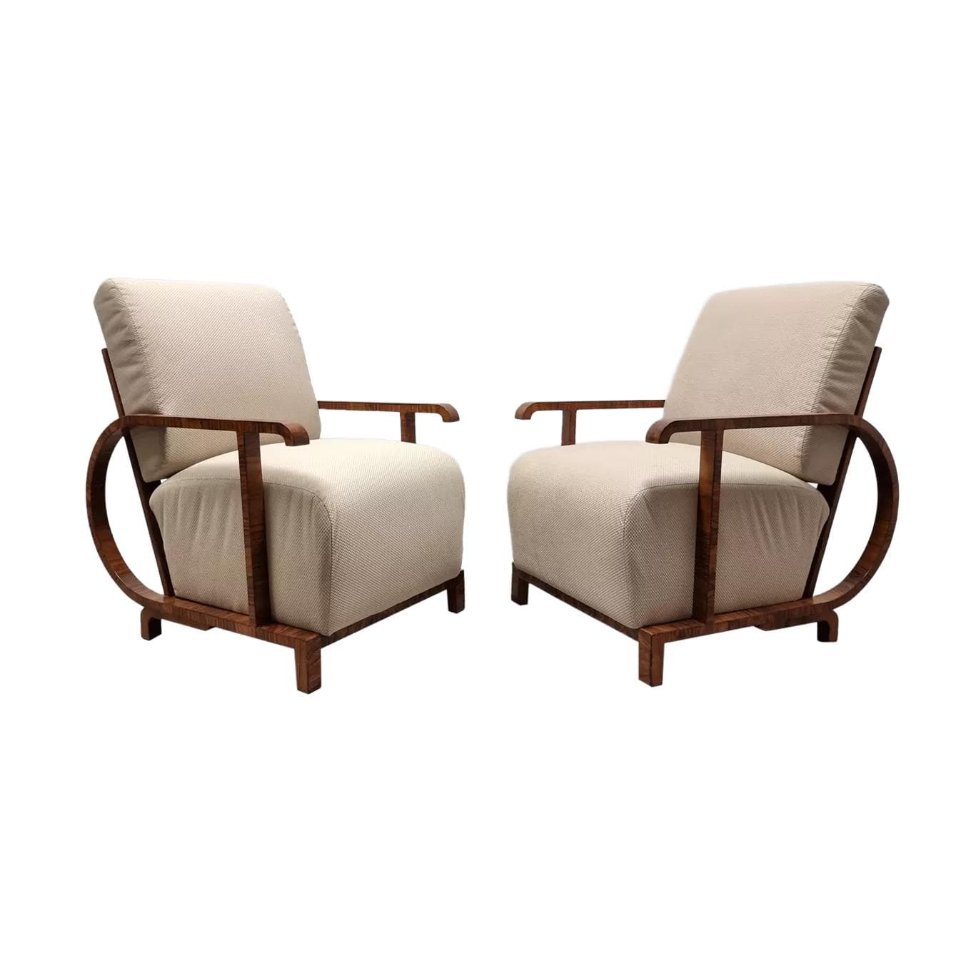 Pair of armchairs Art déco, walnut, beige, by J. Halabala, UP Závody, Czech Republic, 1930s.