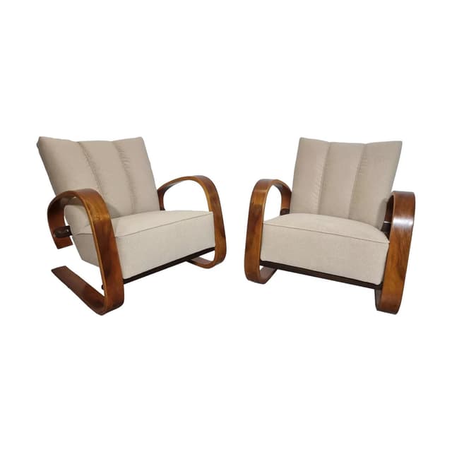 Pair of armchairs Art Deco, beige, beech oak, by M. Navratil, Czech Republic, 1960s. - DIMENSION