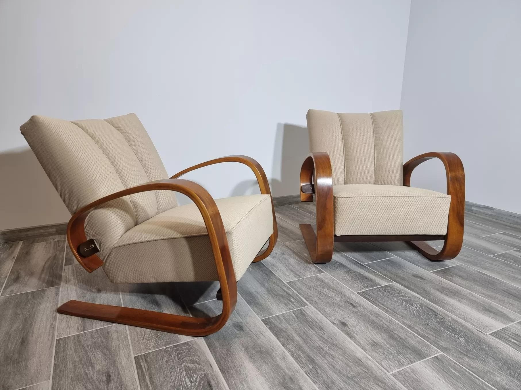 Pair of armchairs Art Deco, beige, beech oak, by M. Navratil, Czech Republic, 1960s. - 48414