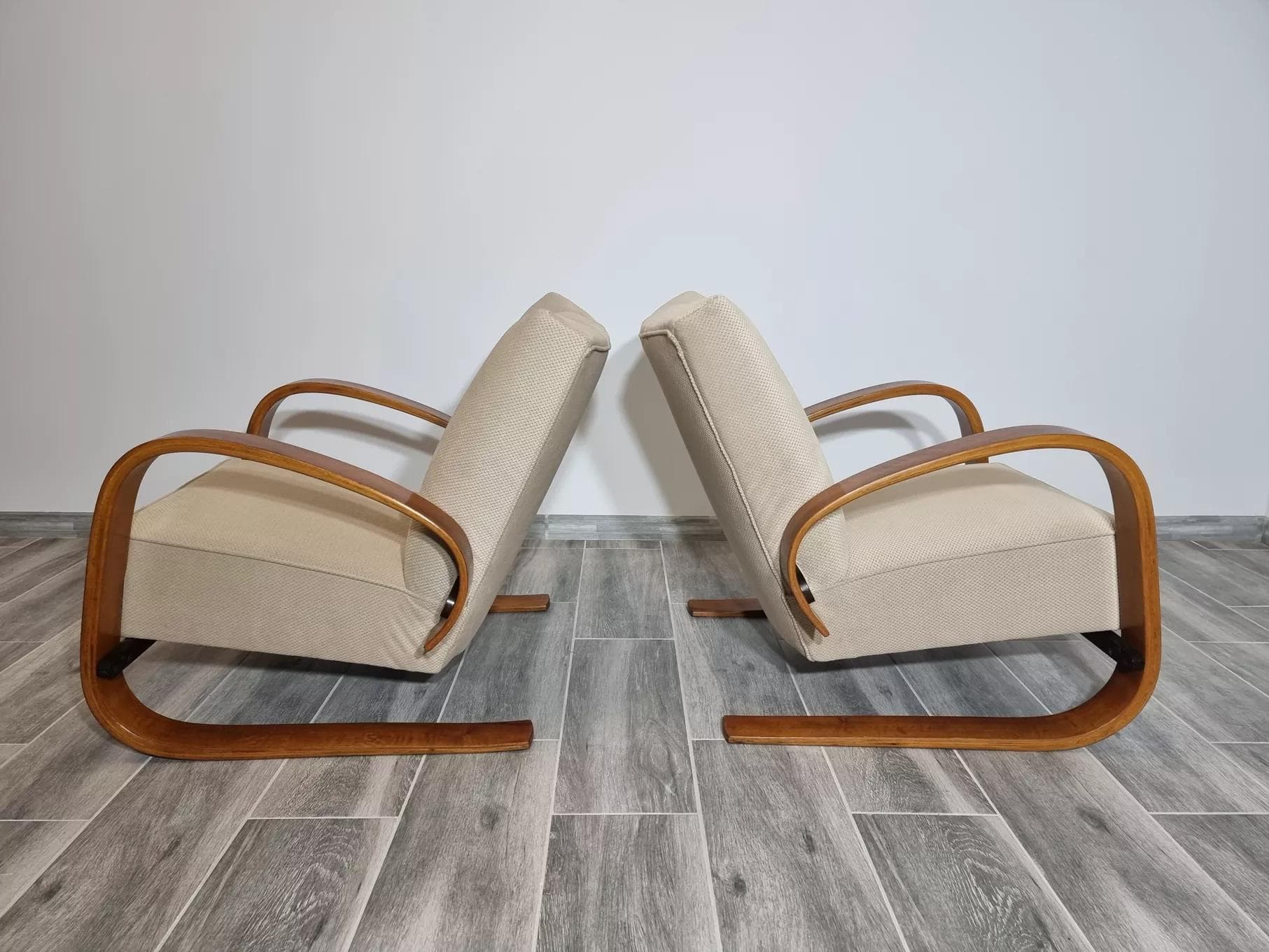 Pair of armchairs Art Deco, beige, beech oak, by M. Navratil, Czech Republic, 1960s. - 48415