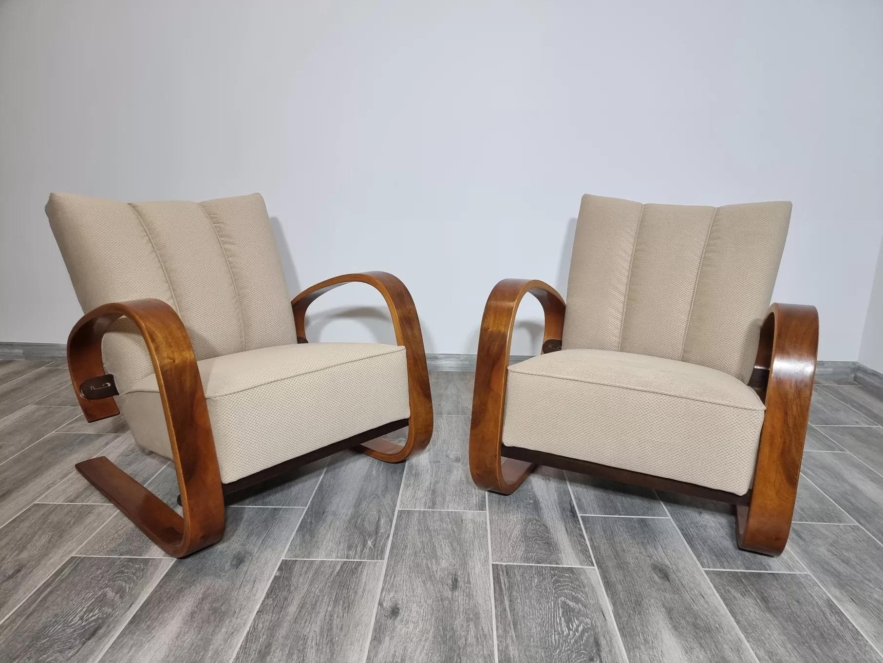 Pair of armchairs Art Deco, beige, beech oak, by M. Navratil, Czech Republic, 1960s. - 48416