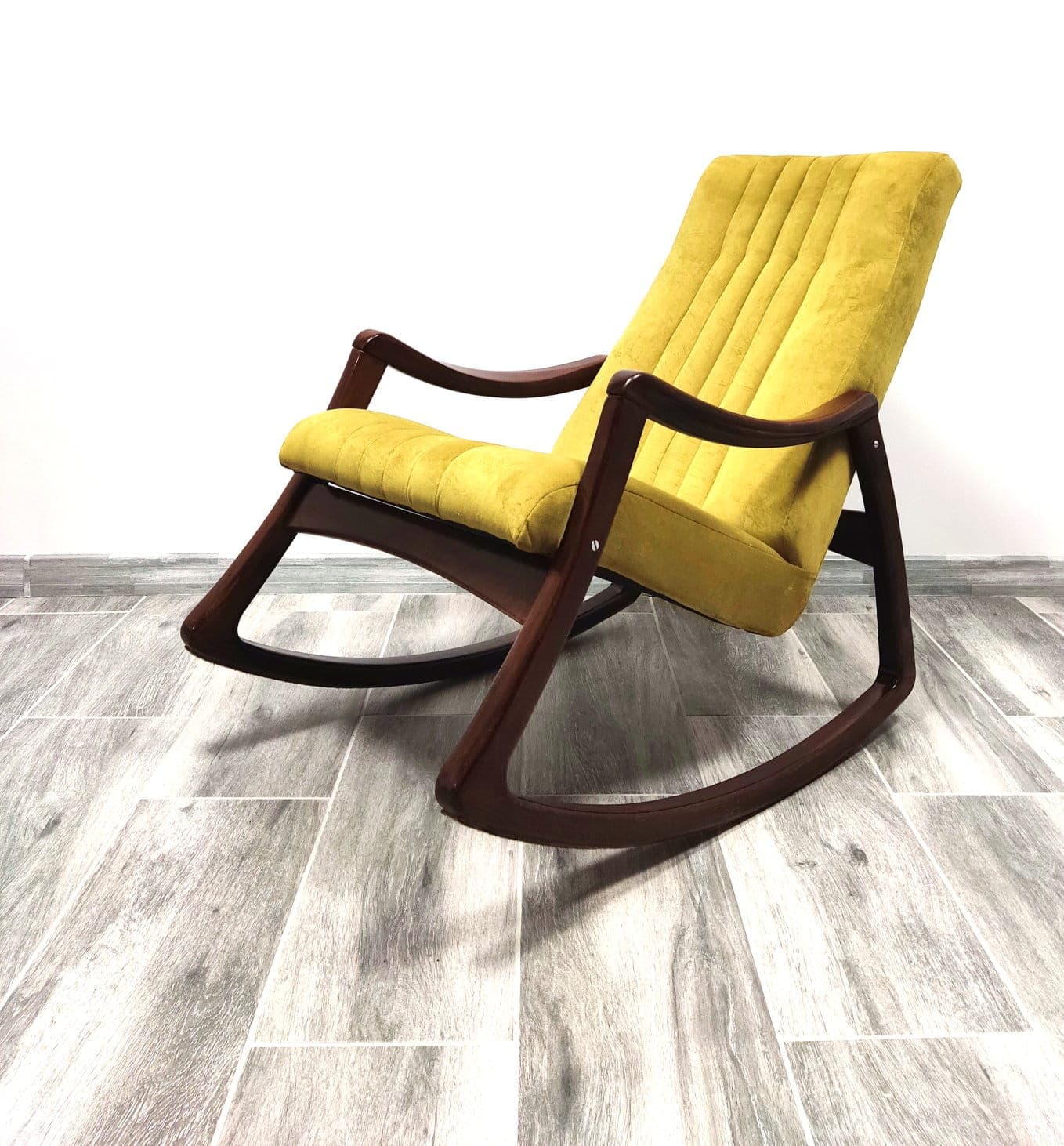 Rocking chair, mustard yellow, walnut, TON, Czechoslovakia, 1960s. - 48402