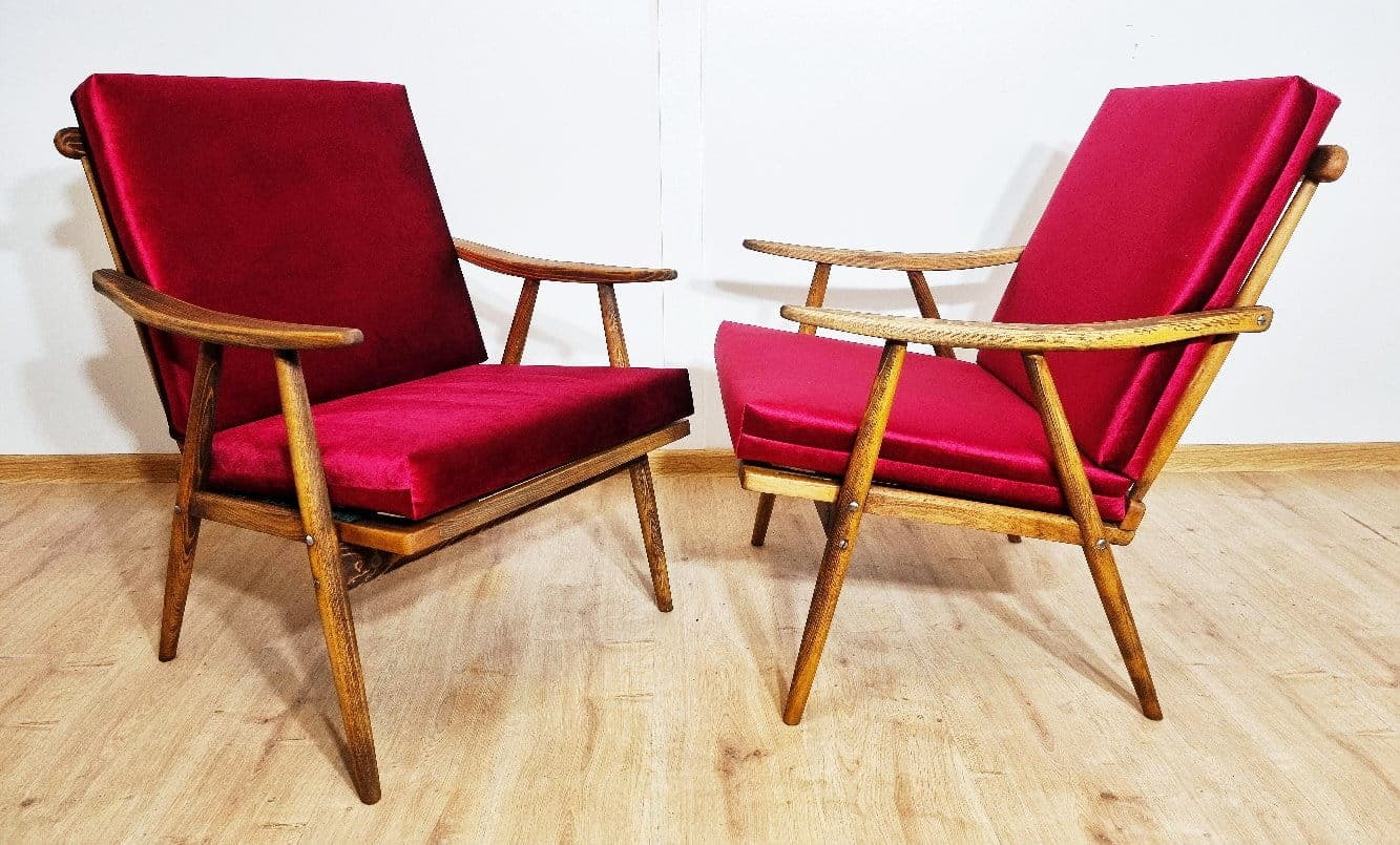 Pair of armchairs, burgundy velvet, walnut wood, TON, Czechoslovakia, 1960s. - 48398