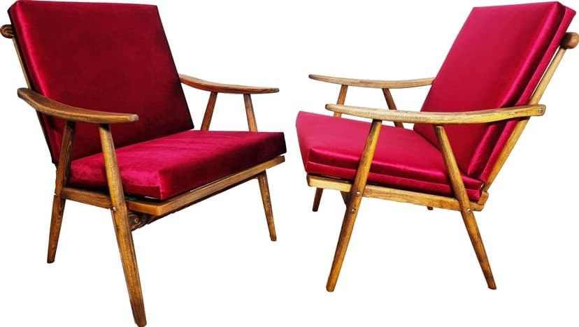 Pair of armchairs, burgundy velvet, walnut wood, TON, Czechoslovakia, 1960s.