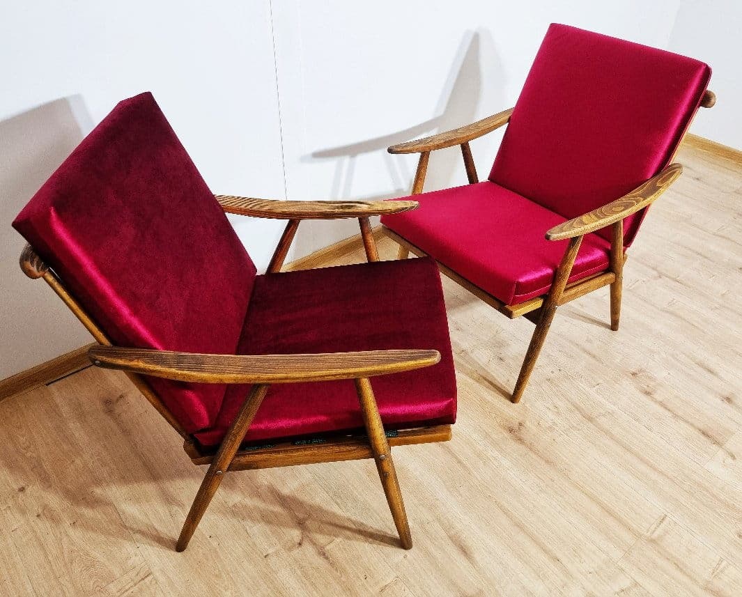 Pair of armchairs, burgundy velvet, walnut wood, TON, Czechoslovakia, 1960s. - 48400
