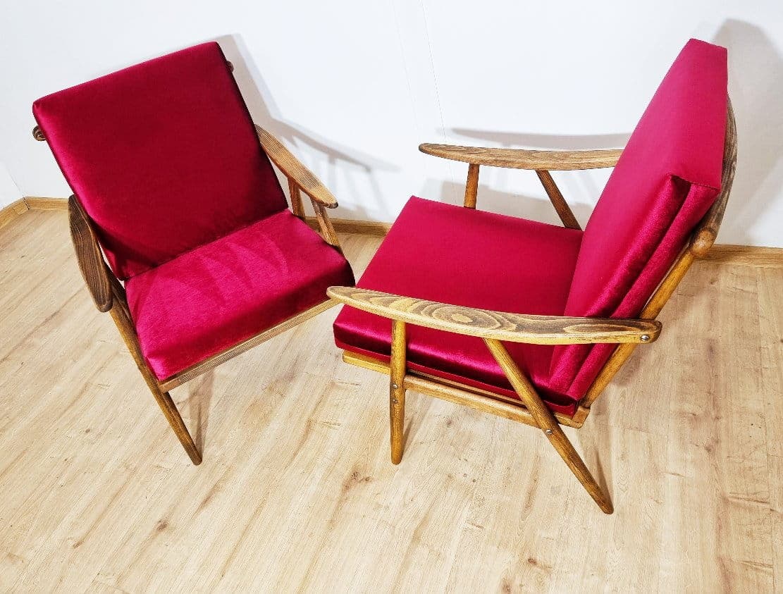 Pair of armchairs, burgundy velvet, walnut wood, TON, Czechoslovakia, 1960s. - 48399