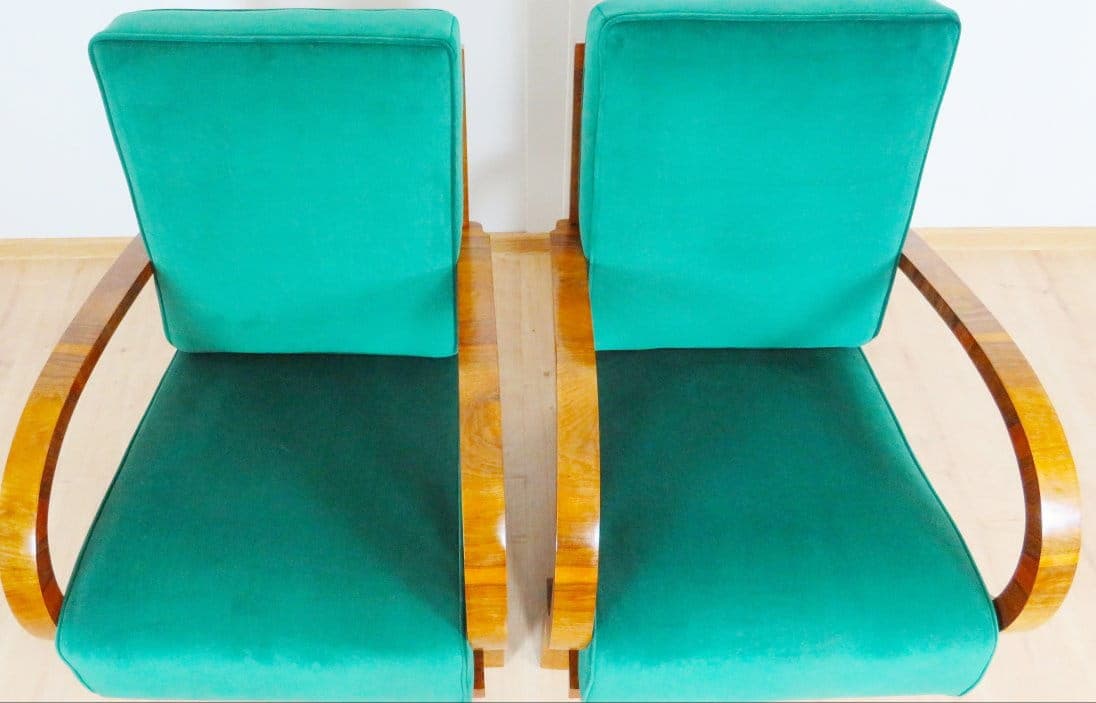 Pair of armchairs Art Deco, green velvet, honey wood, by J. Halabala, UP Závody, Czechoslovakia, 1960s. - 48395